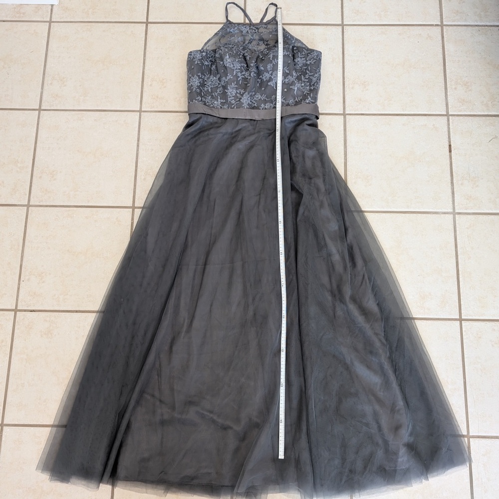 Size L/XL Beaded Grey Silver Cross-Back Mesh Boat Neck Formal Prom Dress Gown - Picture 9 of 15